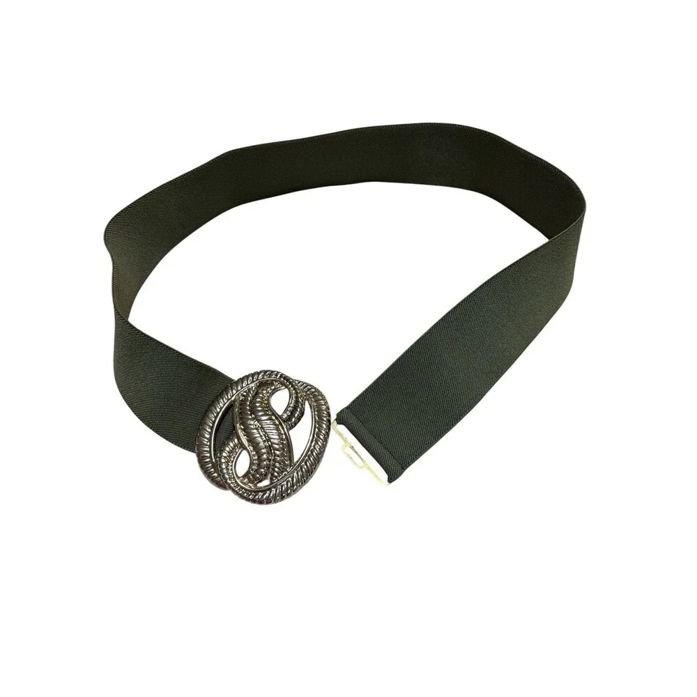 Olive Green Stretch Waist Belt Gold Tone Rope Knot Buckle Wide Elastic